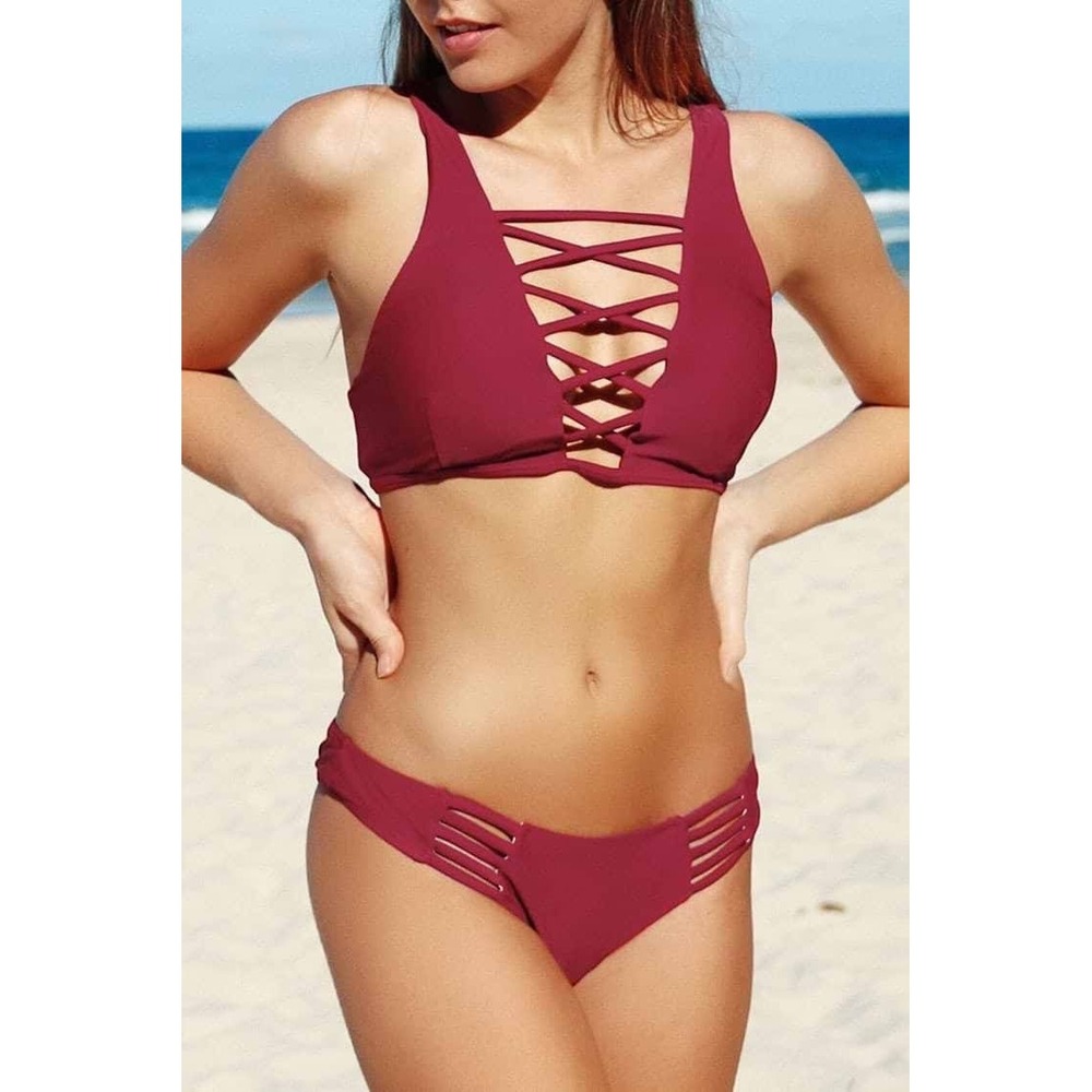 Cupshe Burgundy Lattice Lace Up Front Bikini Set Strappy Cage 2 Piece Swimsuit L
